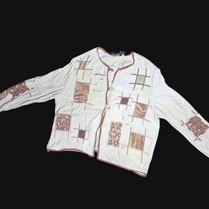 Women’s Cream Patchwork Button-Front Cardigan with Brown Trim